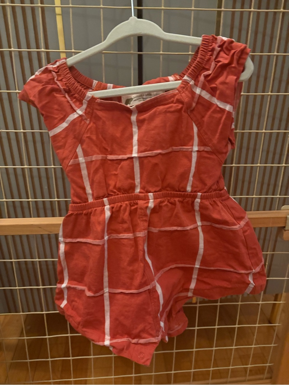 Monica & Andy Girls Coral Windowpane Romper with Elastic Waistband